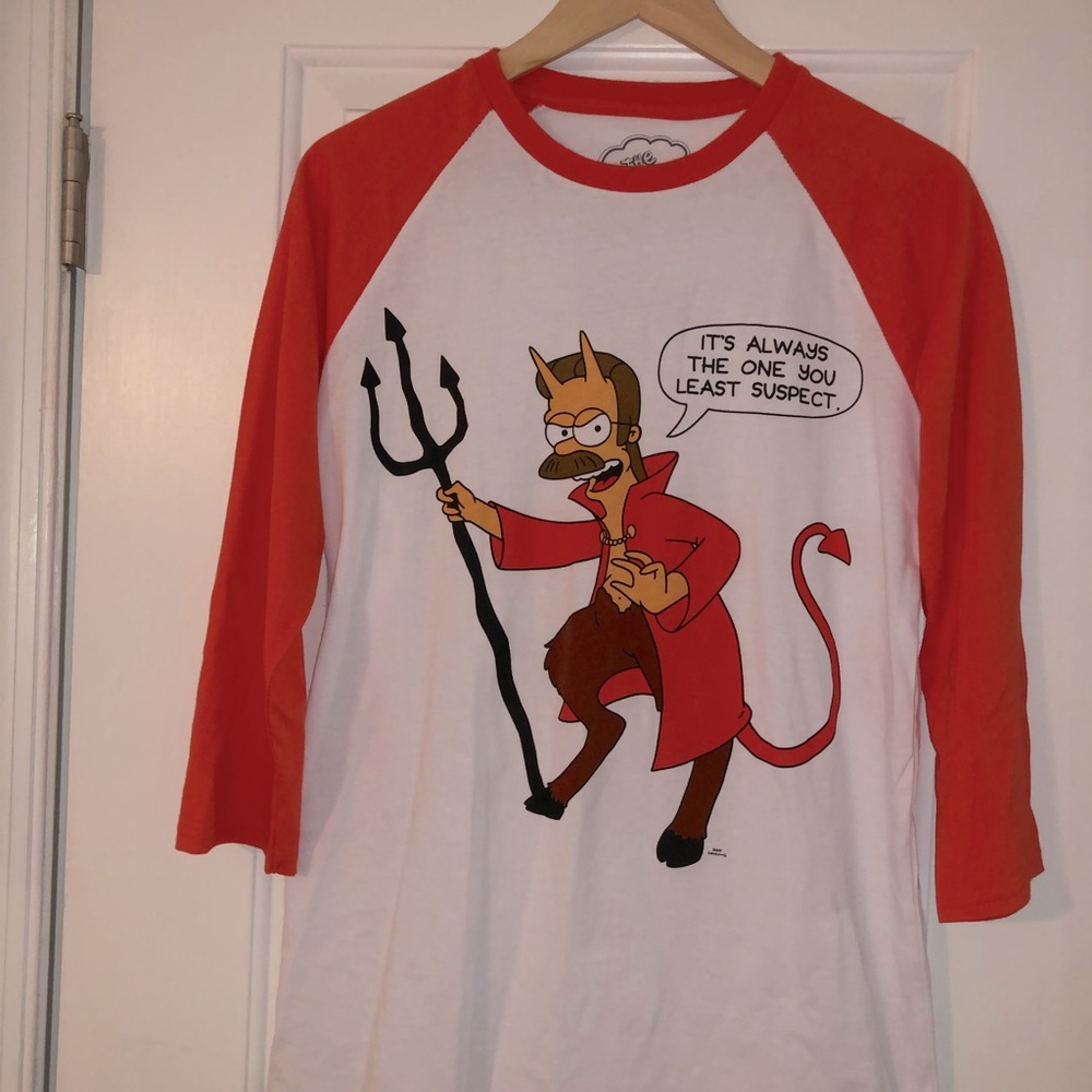Cakeworthy x Simpsons Devil Flanders raglan shirt M NWOT